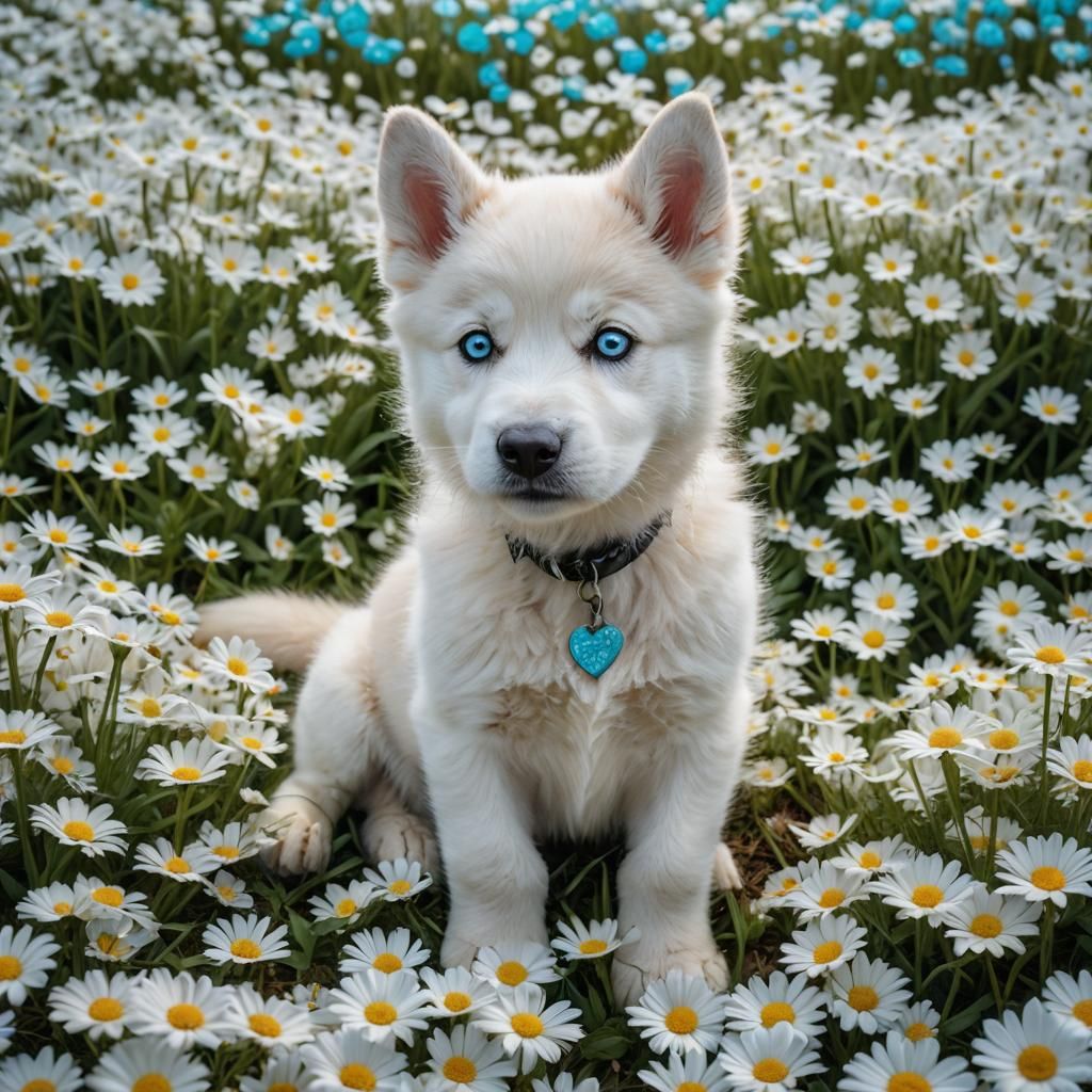 Husky Puppy in Daisy Field: HDR Photography