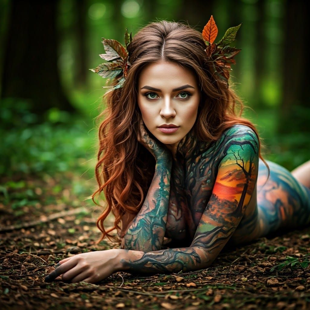 Woman with Body Paint in Forest, Nature Art