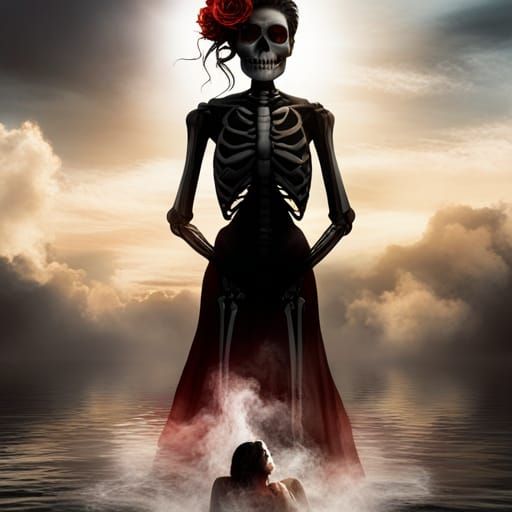 Ethereal Smoke Skeleton Bride at Sunset