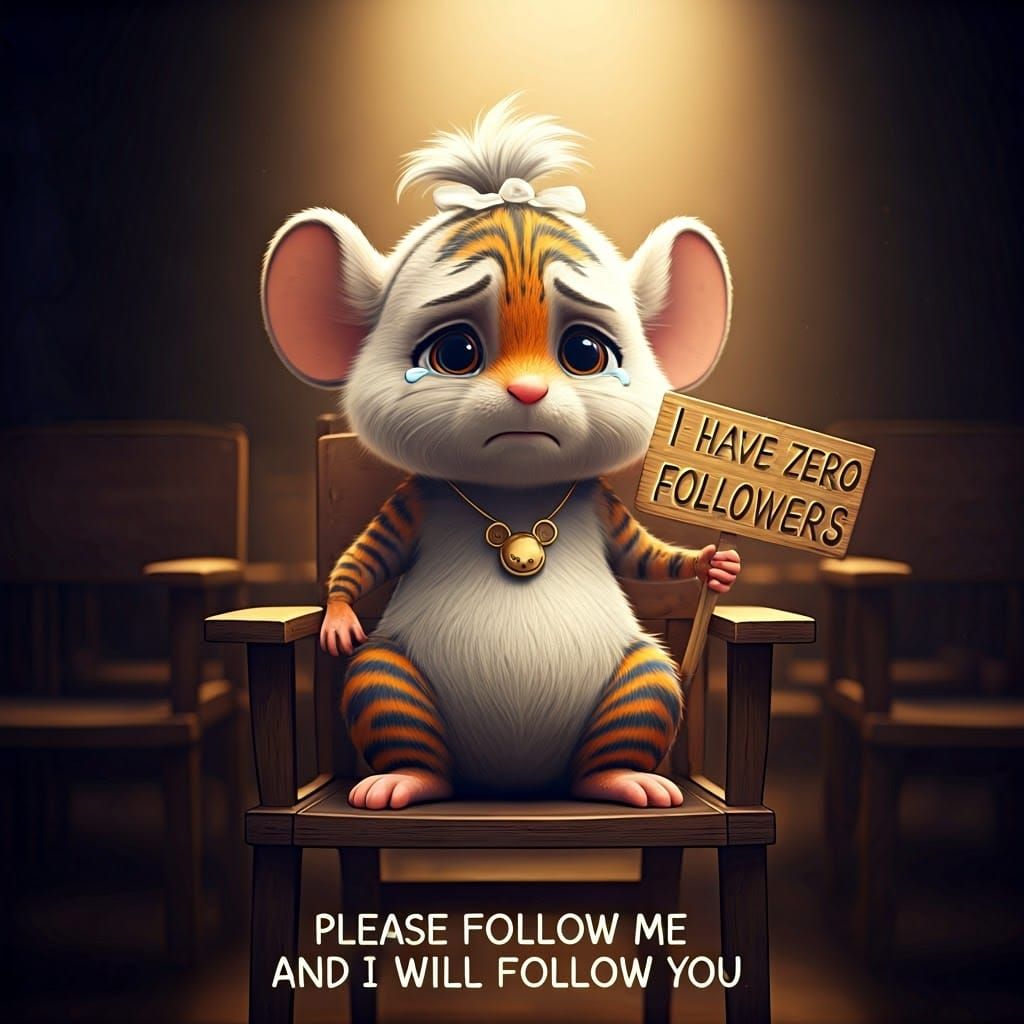 Sad Mouse in Spotlight, Holding Sign with Zero Followers