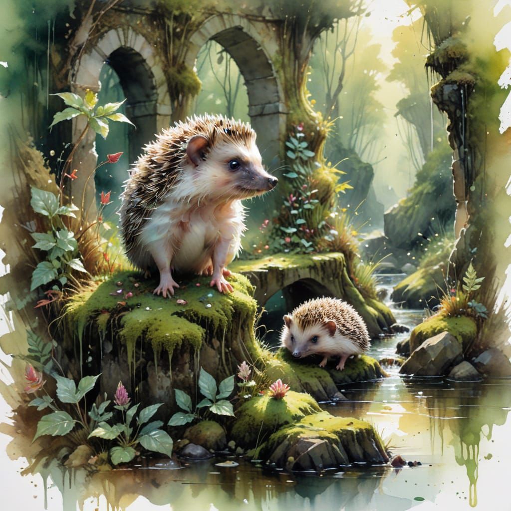 Hedgehog's Watercolour Adventure in Sunlit Forest Ruins
