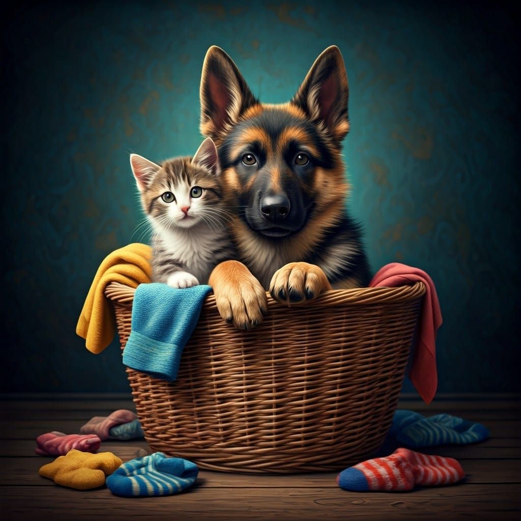 Playful Kitten and Dog in Laundry Basket