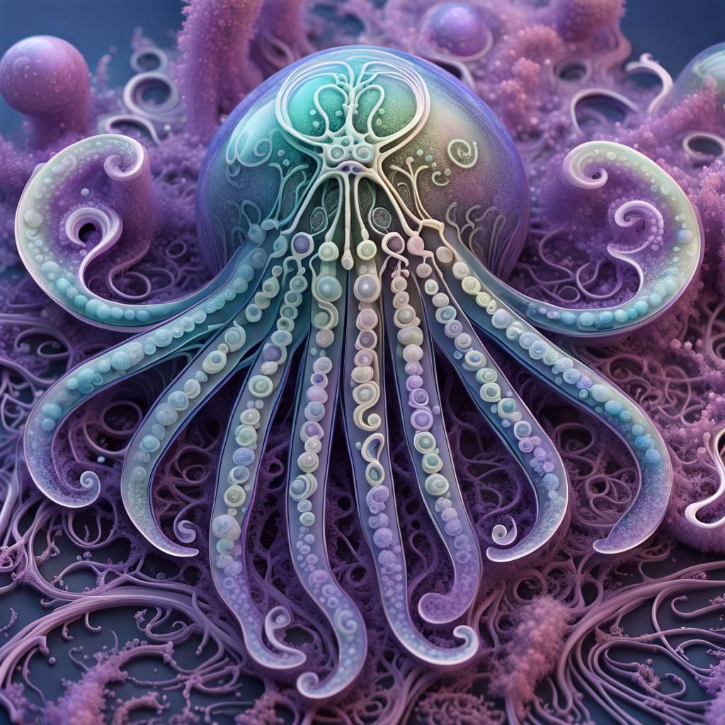 Isometric 3D Kraken on Amethyst Crystal in Fractal Style