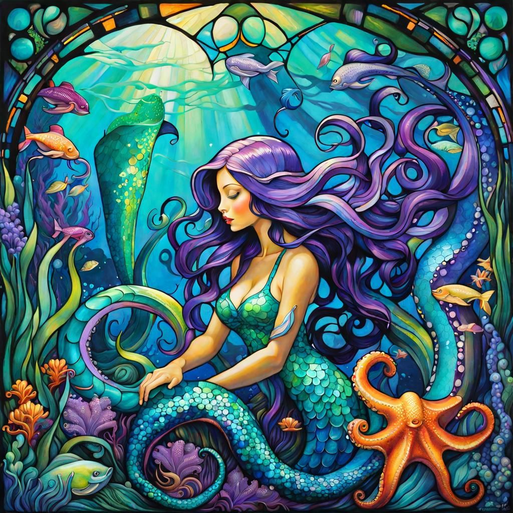 Mermaids Tend Octopus Garden in Stained Glass Style