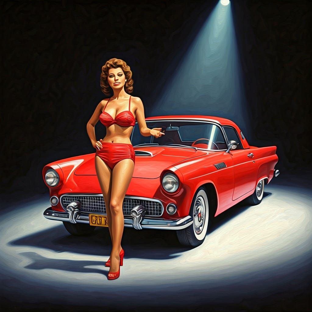 Sophia Loren and Classic Thunderbird: Oil Painting