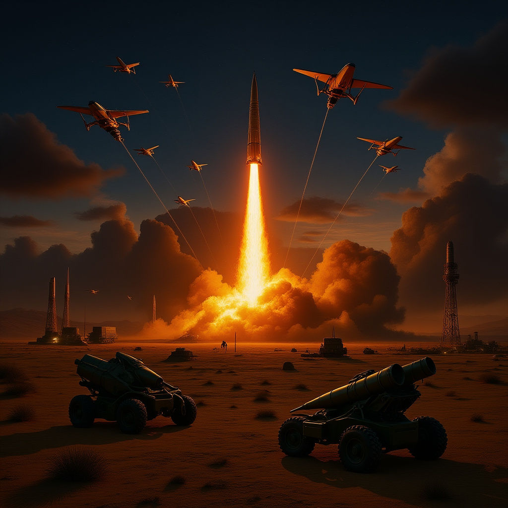 Iranian Military Base at Night with Missile Launch