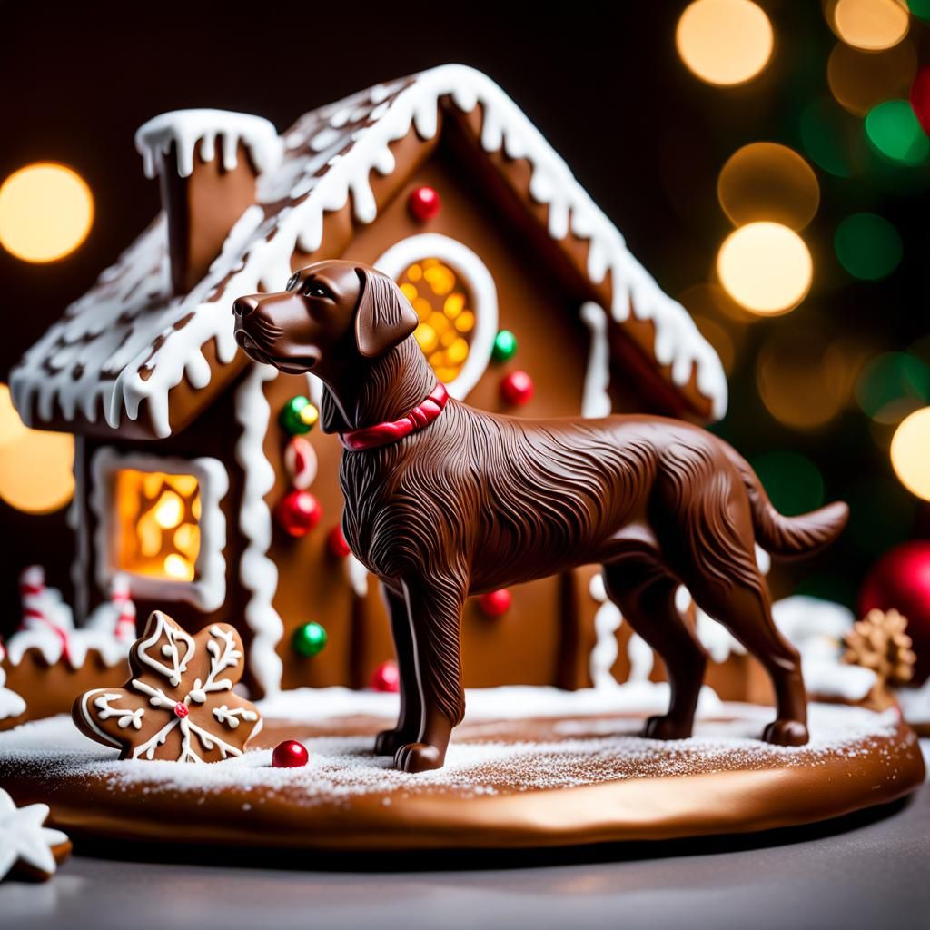 Chocolate Labrador and Gingerbread House Still Life