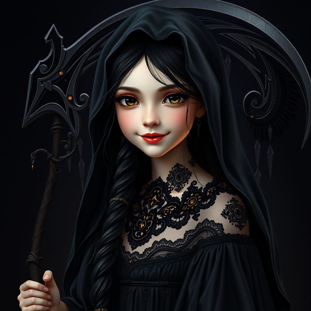 Ethereal Grim Reaper Maiden in Black Gown with Majestic Scyt...