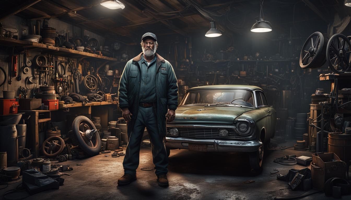 Clueless Mechanic in Garage, Hyperdetailed Concept Art