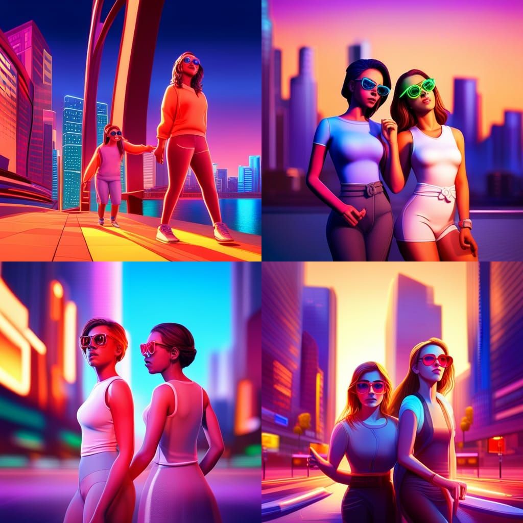 Neon Cityscape: Two Women in Sunglasses, 3D Art