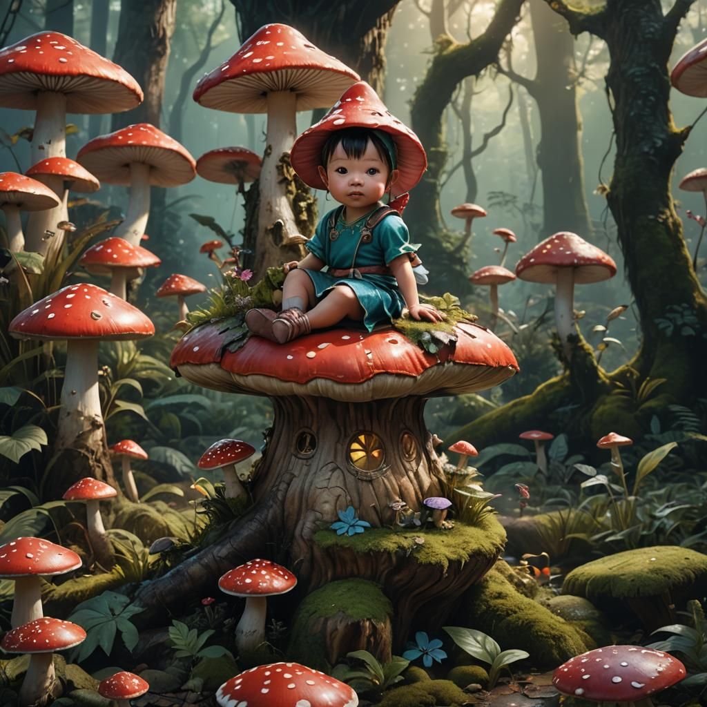 Whimsical Asian Baby Fairy on Toadstool