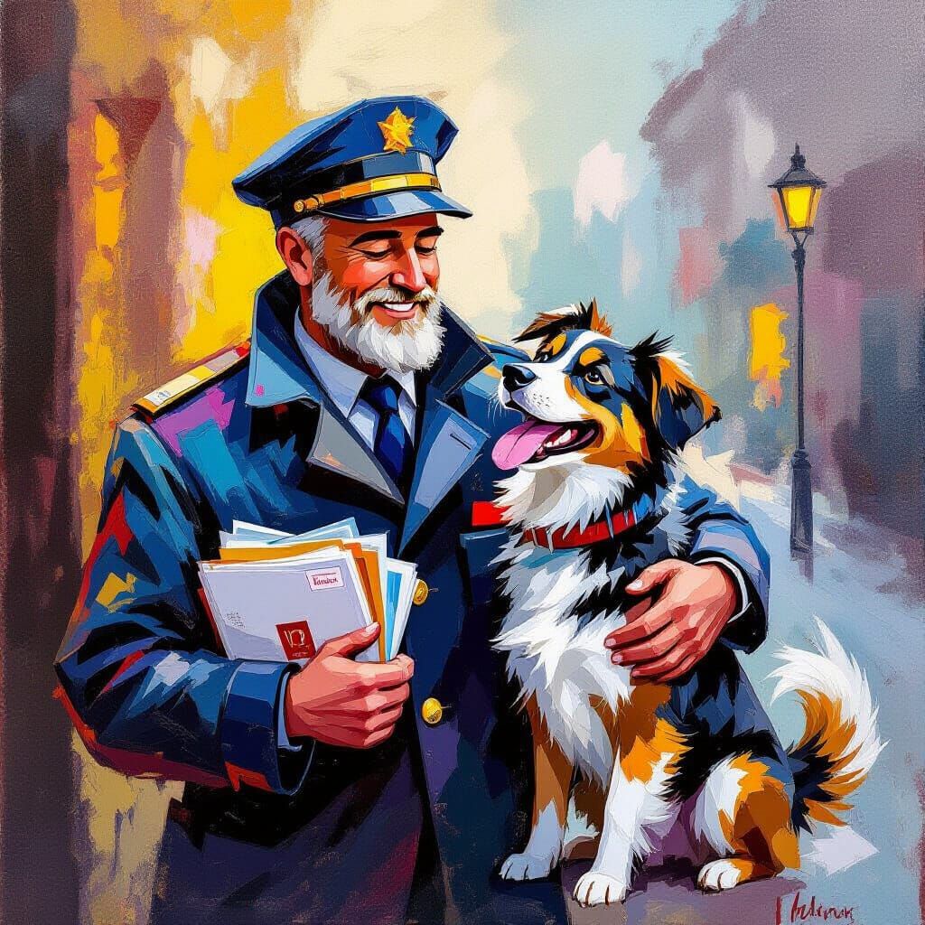 Expressive Painting of Postman Petting Dog