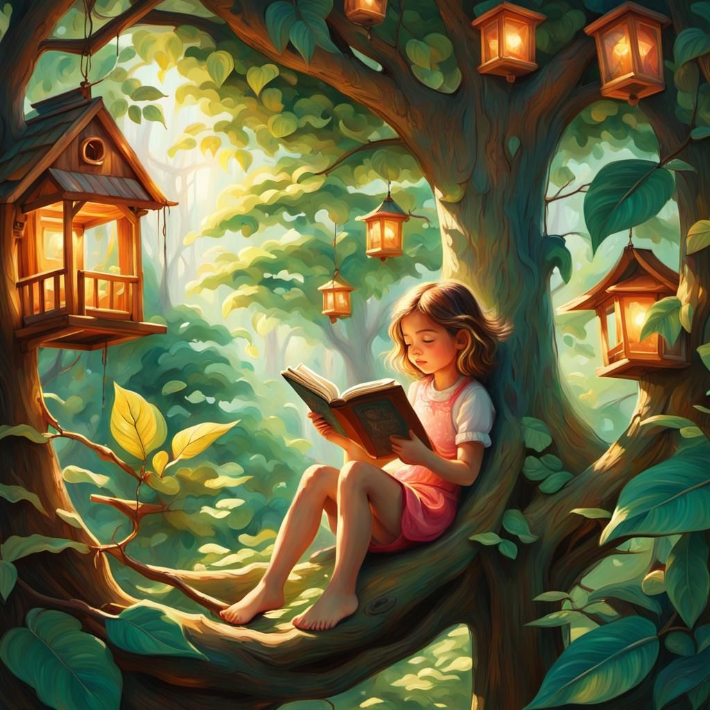 Magical Treehouse Reading: Whimsical Oil Painting