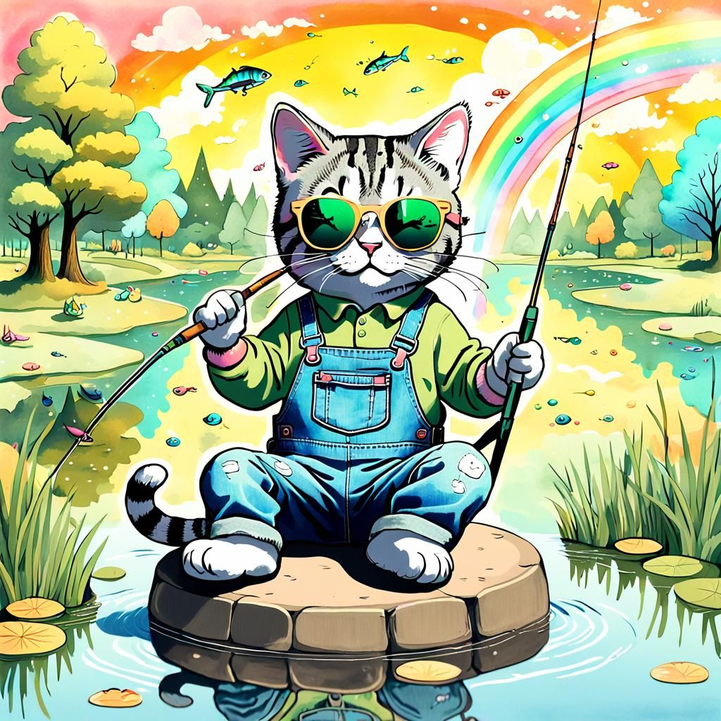Tabby Cat Fishing in Pastel Fantasy Landscape