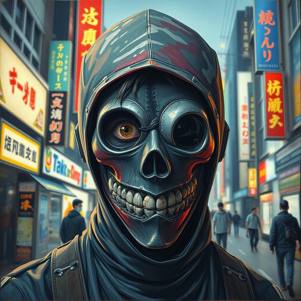 Creepy Mask in Tokyo Street: Cyberpunk Horror Art