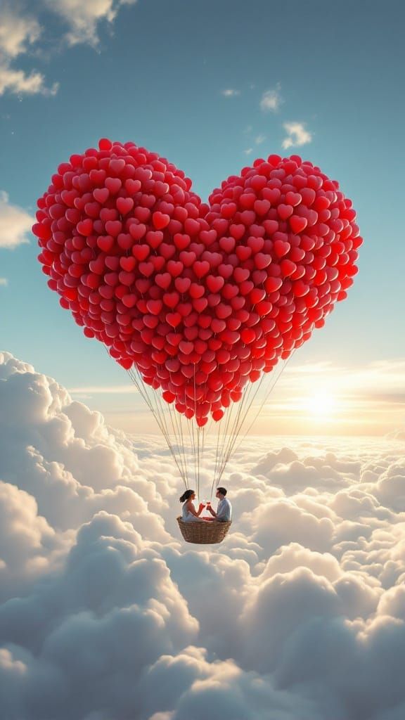 Serene Heart-Shaped Balloon Cloudscape with Loving Couple