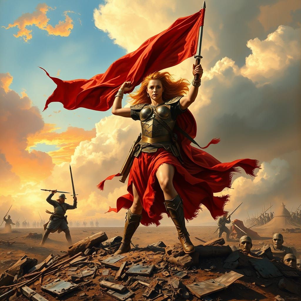 Triumphant Golden Warrior Rises Victorious Over Devastated B...