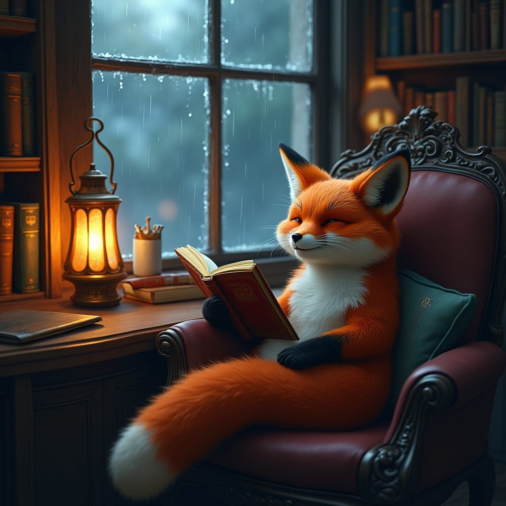 Fox in Cozy Library: Detailed Matte Painting