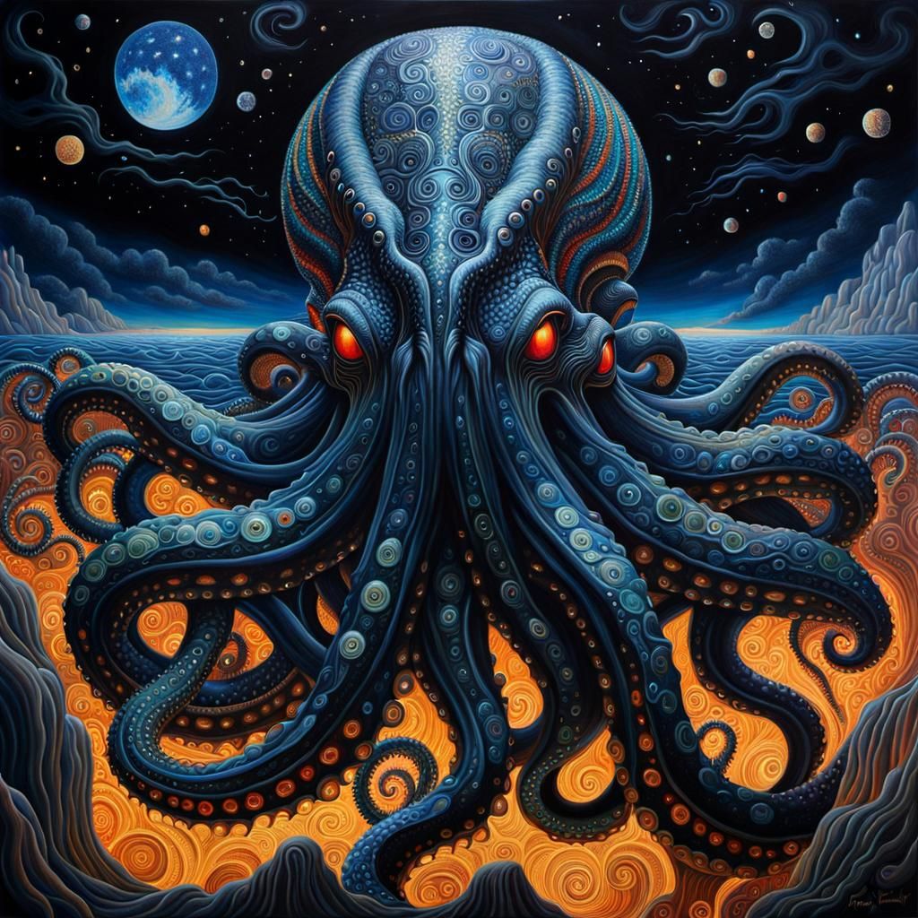 Obsidian Kraken: An Oil Painting of an Otherworldly Scene