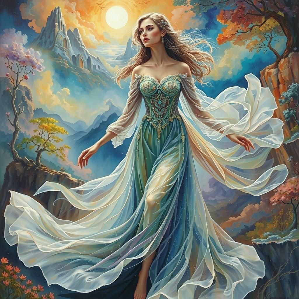 Ethereal Female Figure in Dreamlike Gouache Landscape