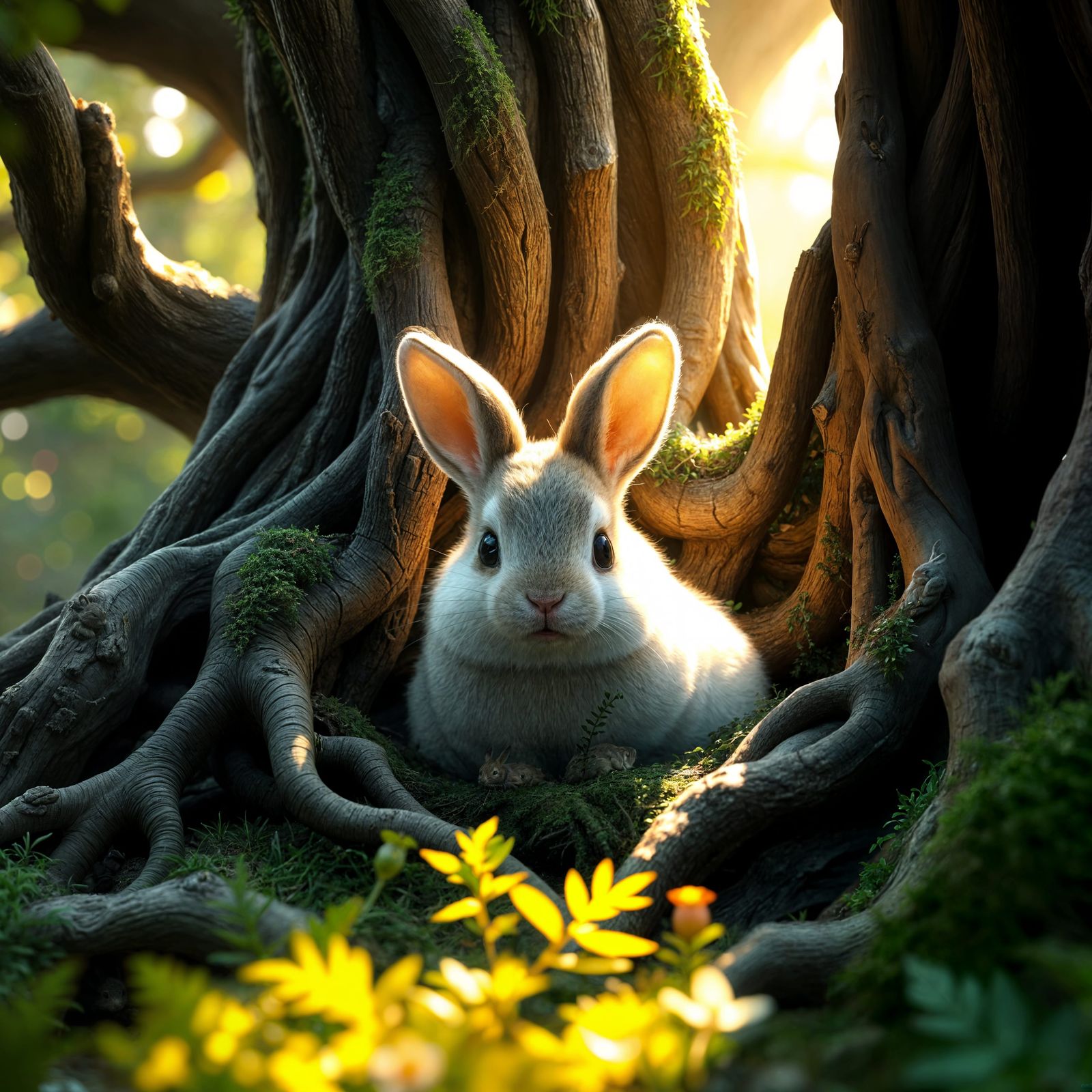 Whimsical Baby Bunny in Gnarled Oak Burrow