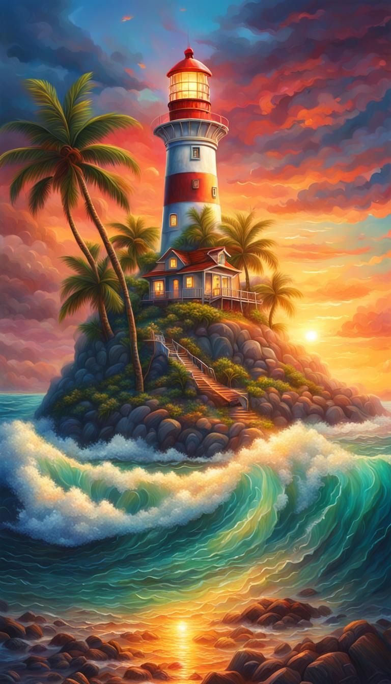 Tropical Island Lighthouse at Sunset: Hyperrealistic Oil Pai...