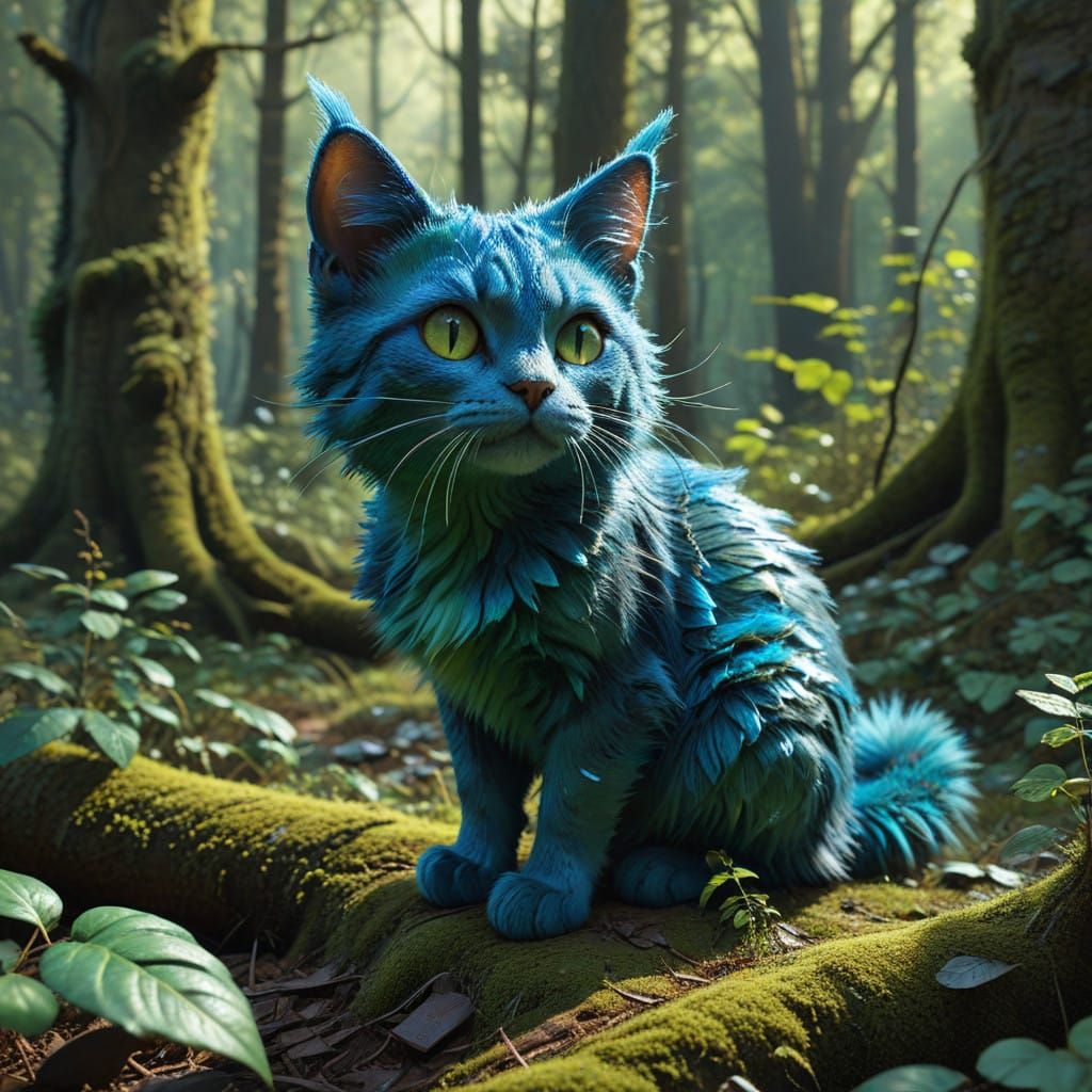 Whimsical Blue Cat in Lush Enchanted Forest