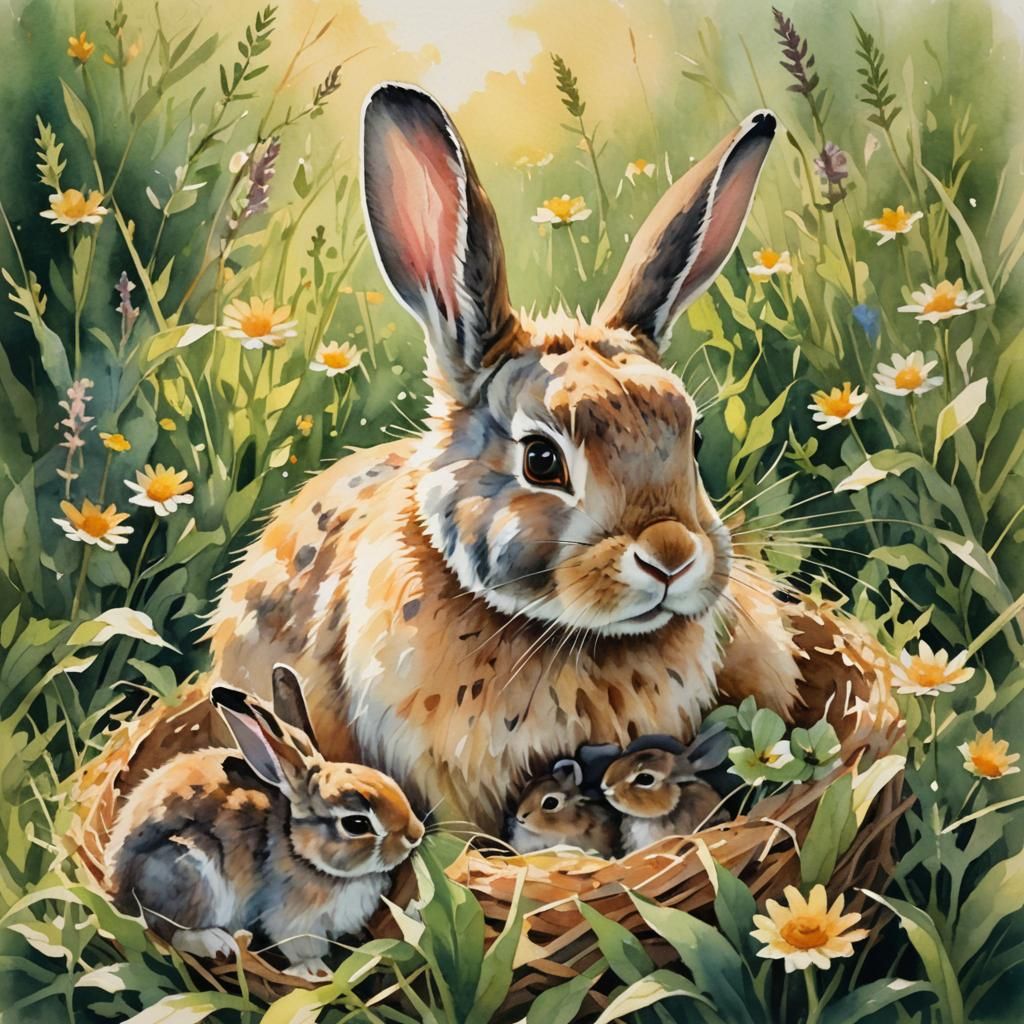 Rabbit and Babies in Meadow: Watercolor Painting