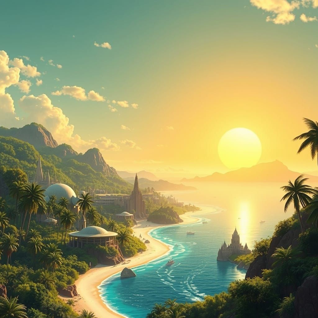 Surreal Tropical Oasis on Tatooine Under Twin Suns