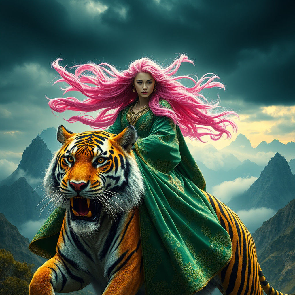 Woman with Pink Hair Riding a Tiger