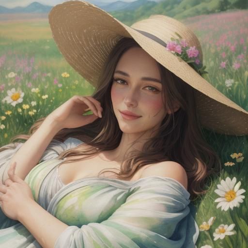 Woman in Field of Flowers: Gouache Impressionist Style