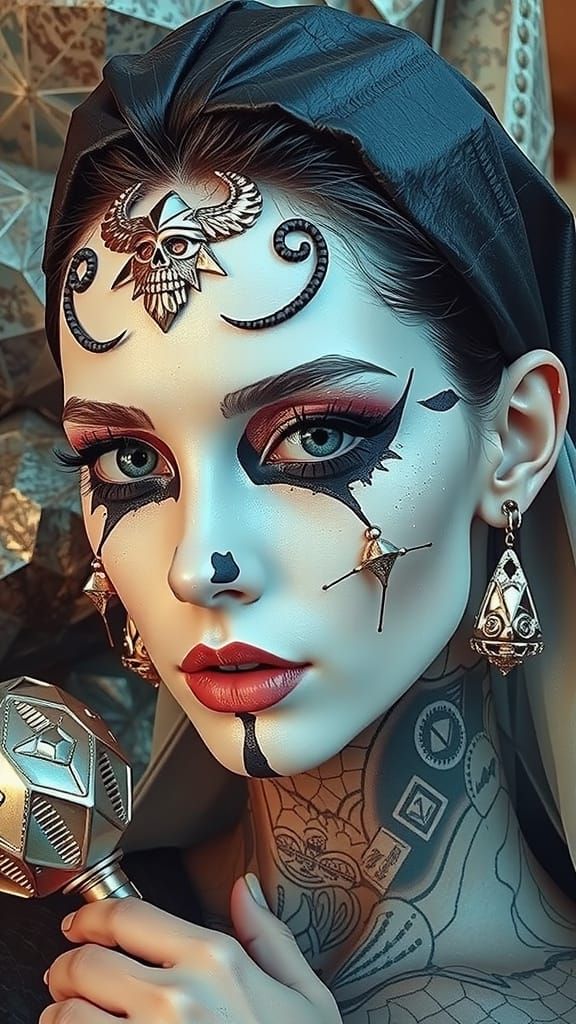 Woman in Nun Habit with Clown Makeup in 3D