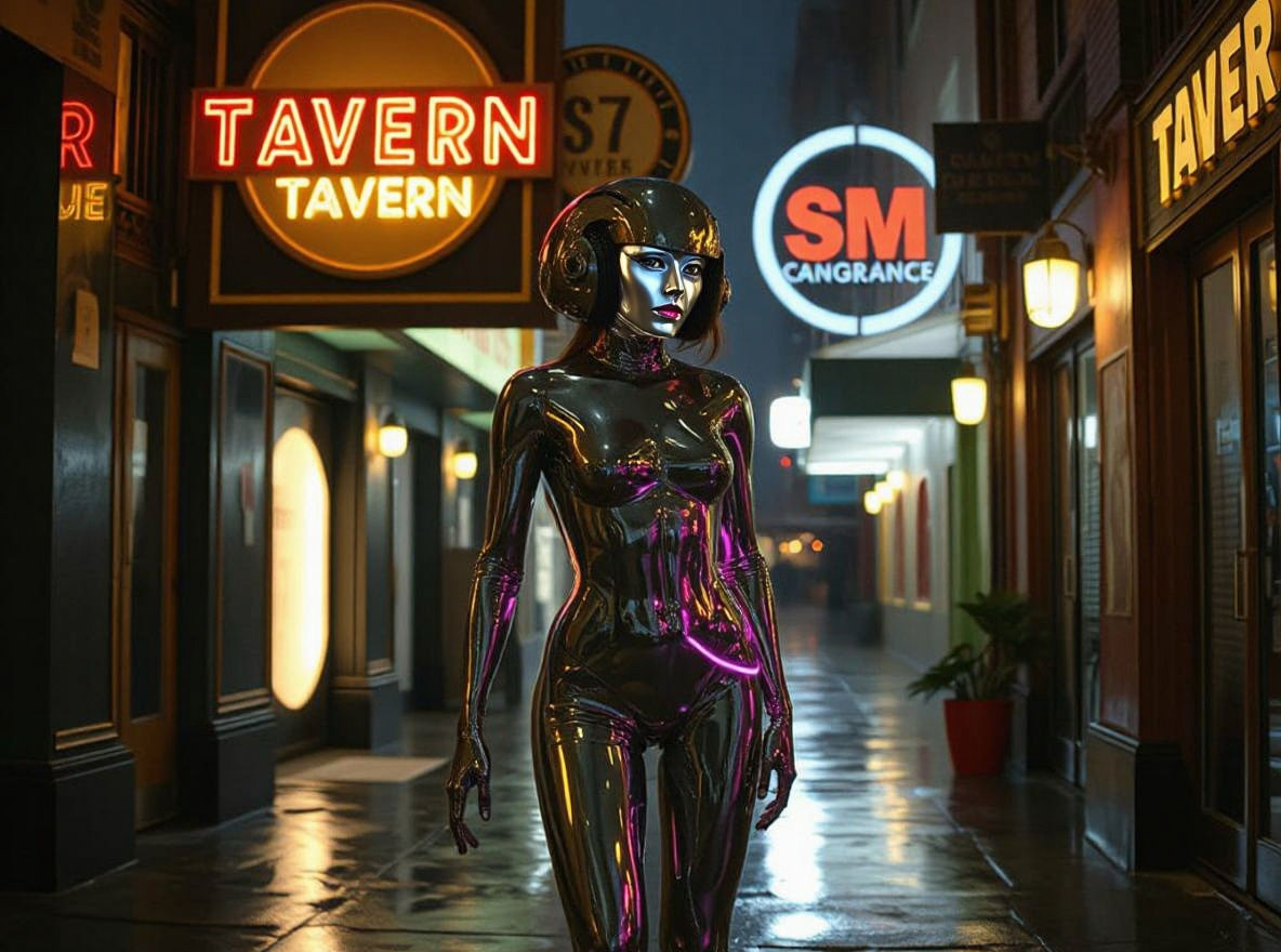 Cyberpunk Gynoid in Neon Alleyway