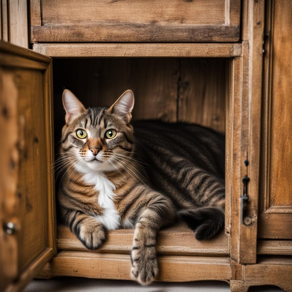 Tabby Cat Napping in Antique Cupboard