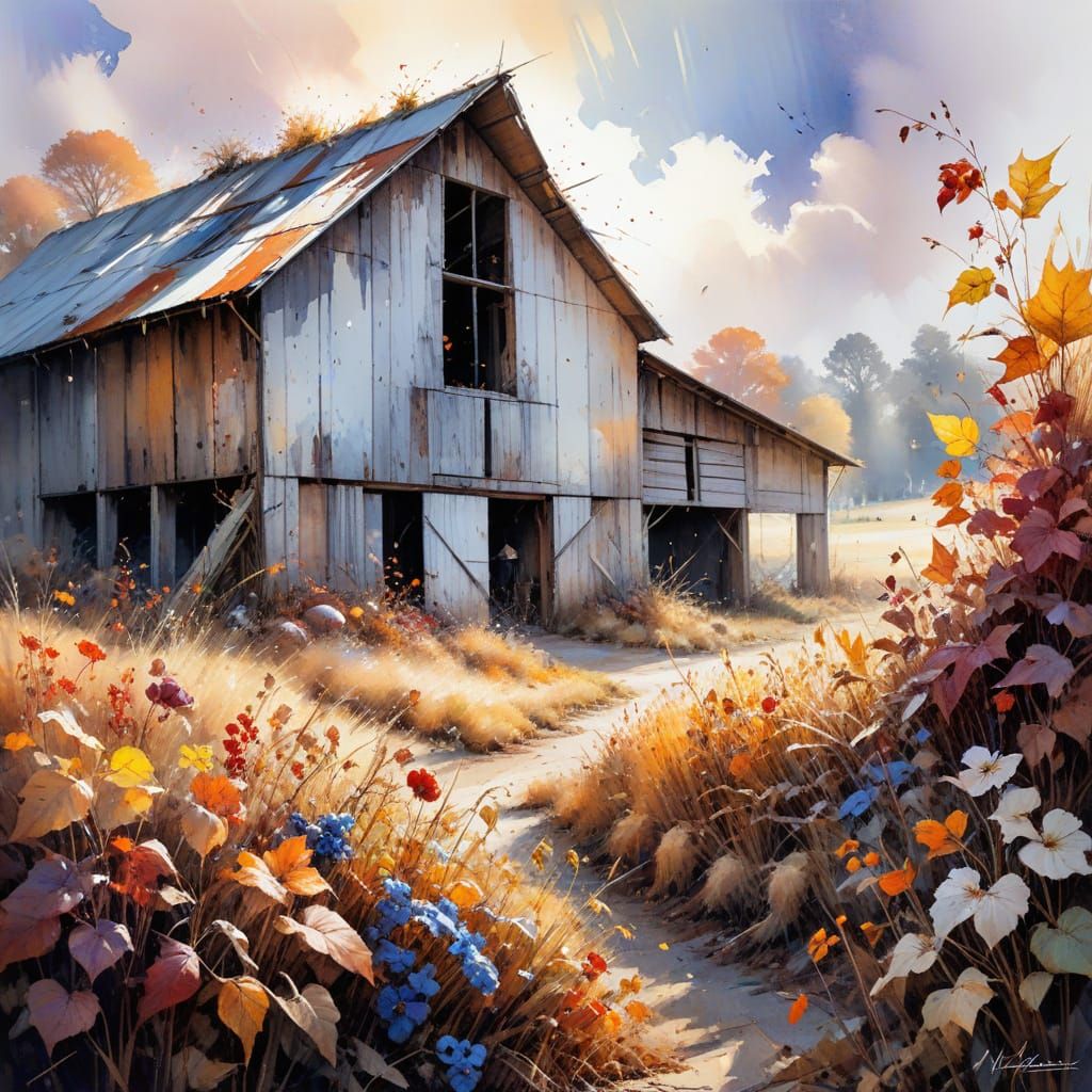 Autumn Barn with Harvest in Sun-Drenched Landscape