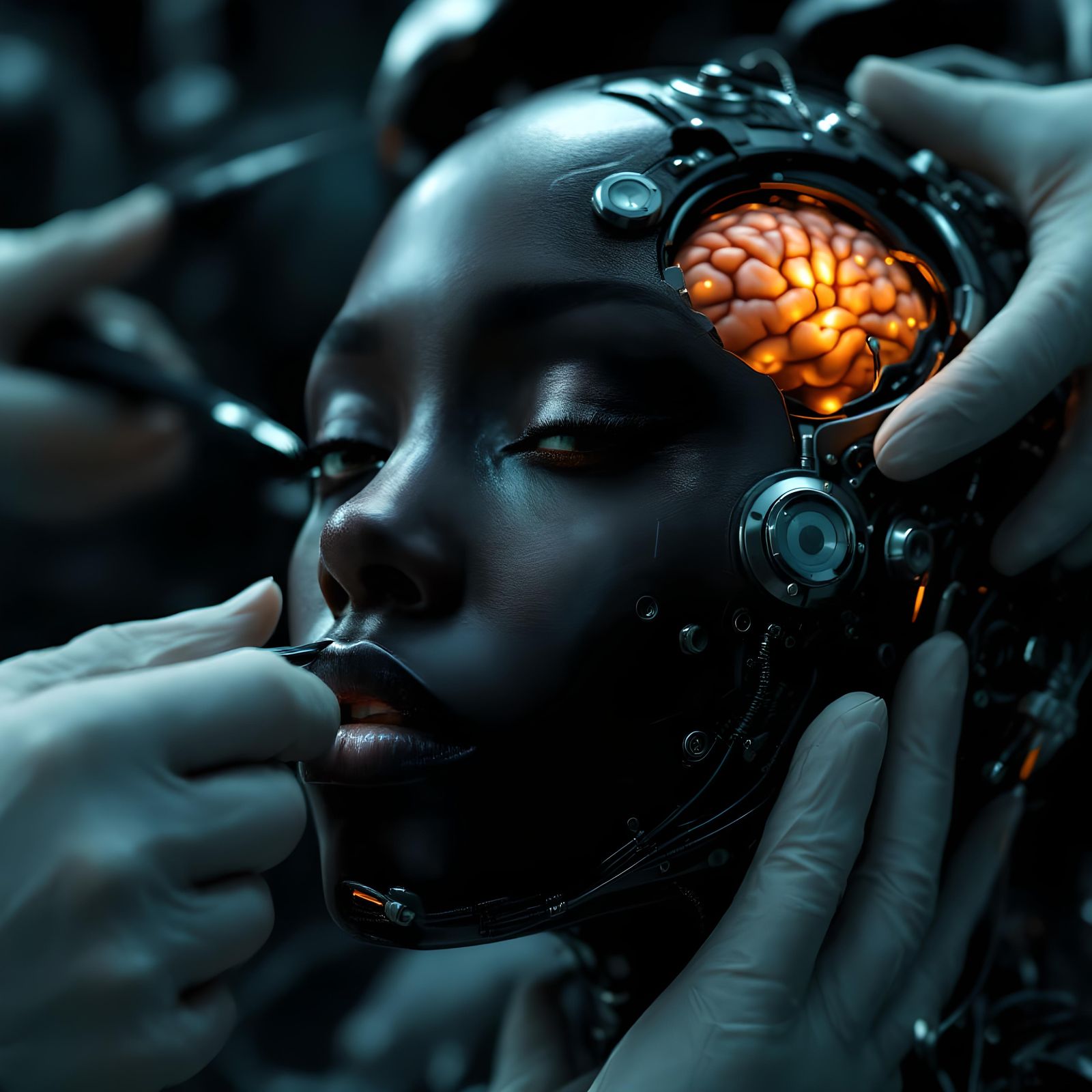 Surgeon Operates on Ebony Cyborg Brain