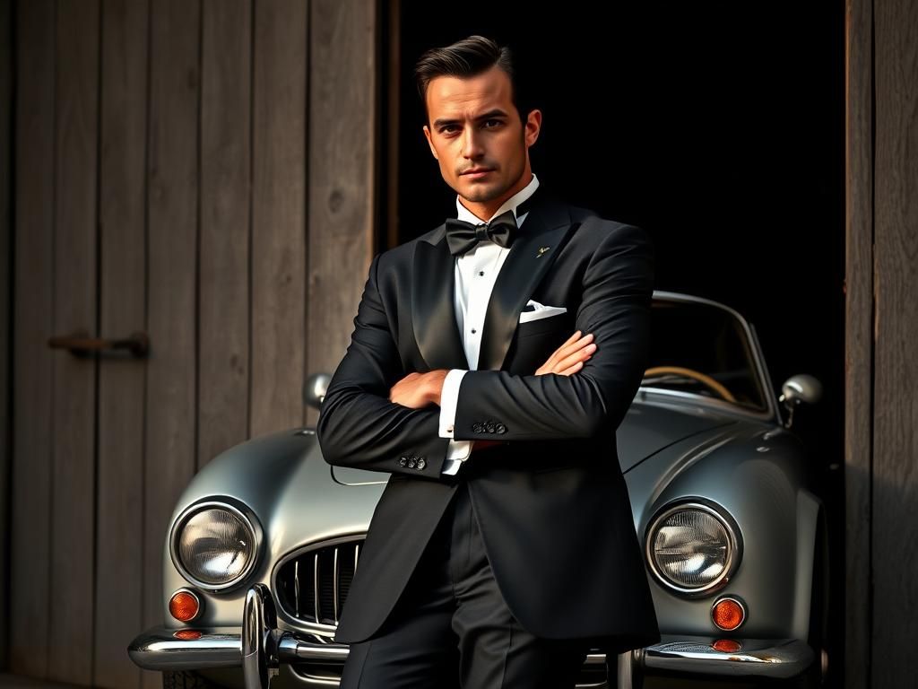 Debonair Man in Tuxedo Leaning on Door with Vintage Car