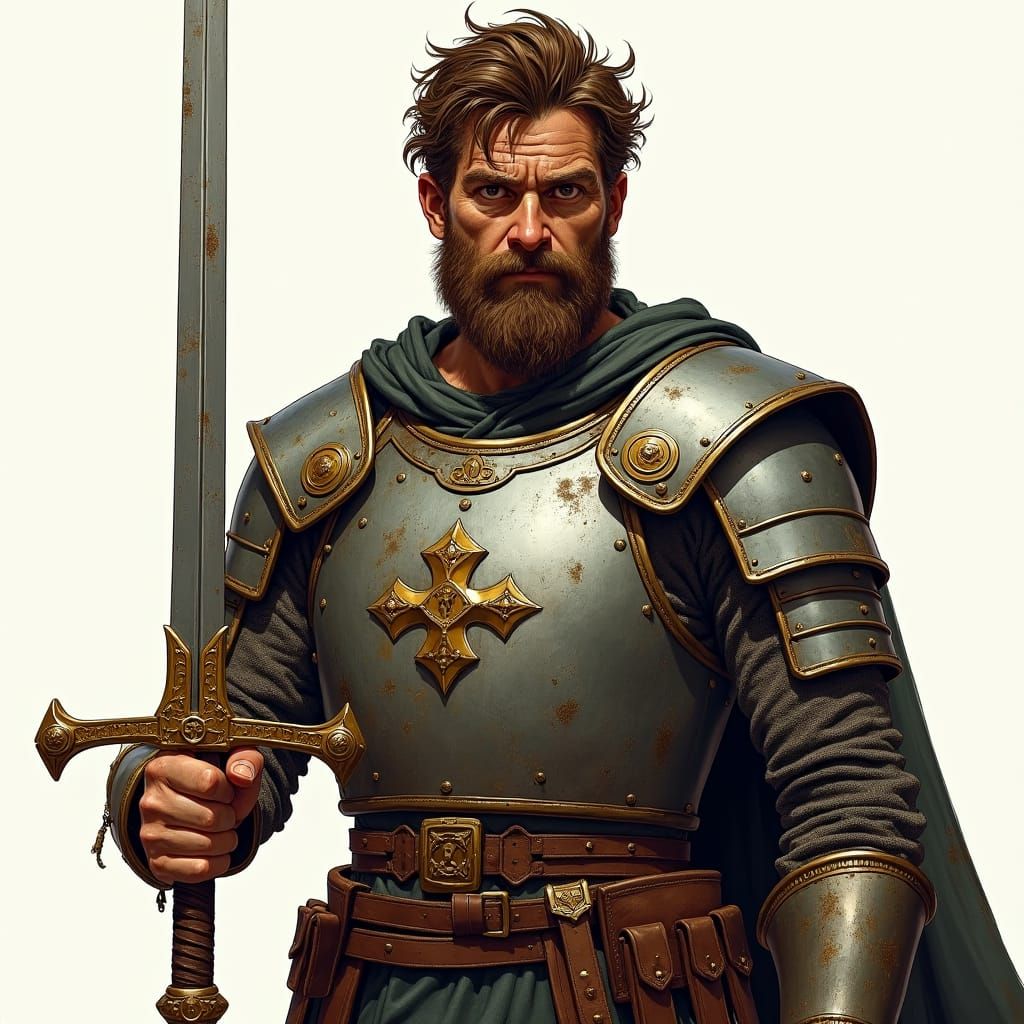 Worn Paladin with Long Sword Fantasy Illustration