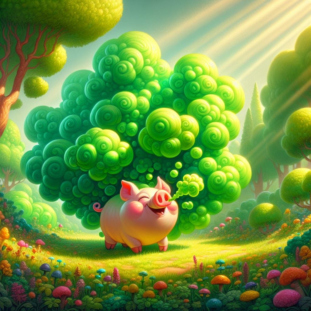 Cheerful Green Pig in Lush Meadow Cartoon