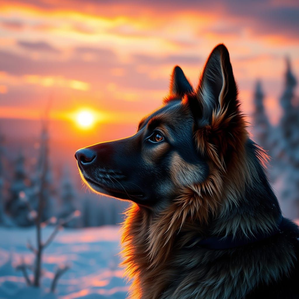 German Shepherd Basks in Morning Glory Amidst Winter's Chill