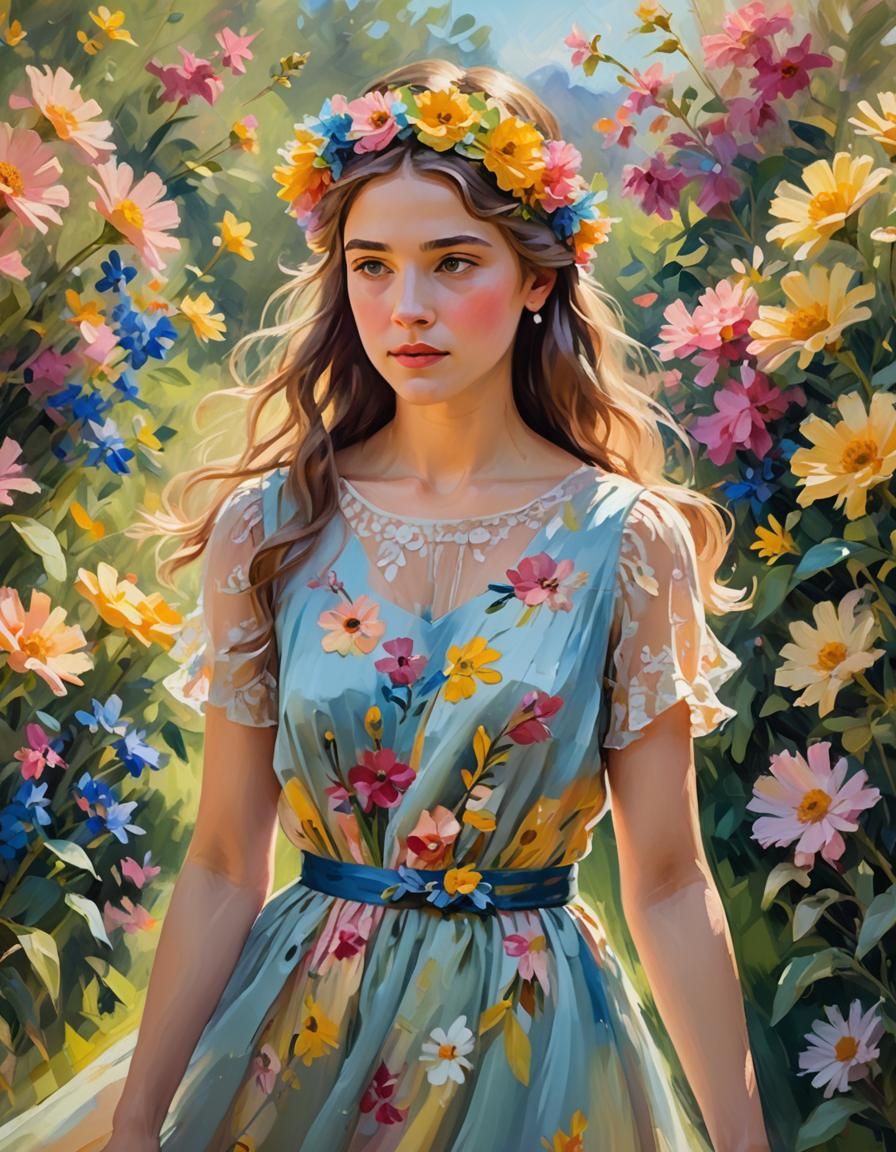 Impressionist Portrait of Girl in Floral Garden