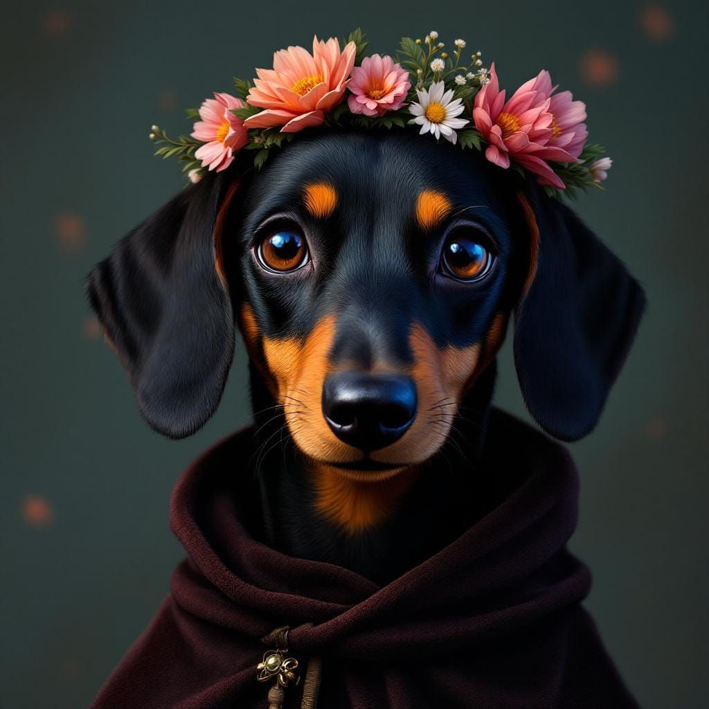 Dachshund in Ghibli Style with Floral Crown