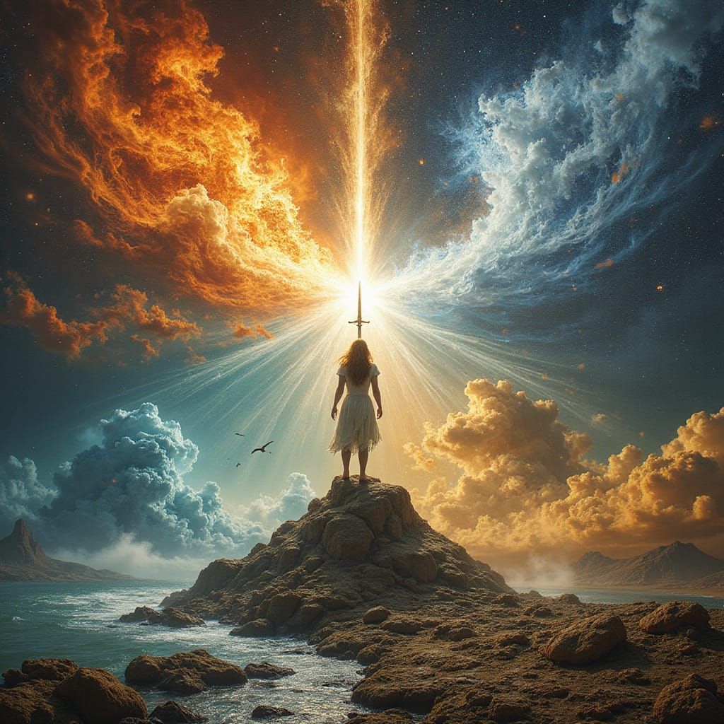 Cosmic Entity Divides Reality with Elemental Sword in Quadru...