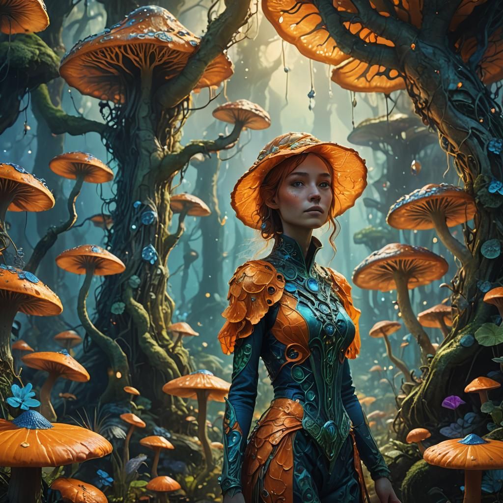 Slender Figure Among Glowing Fungi in Fantasy Art