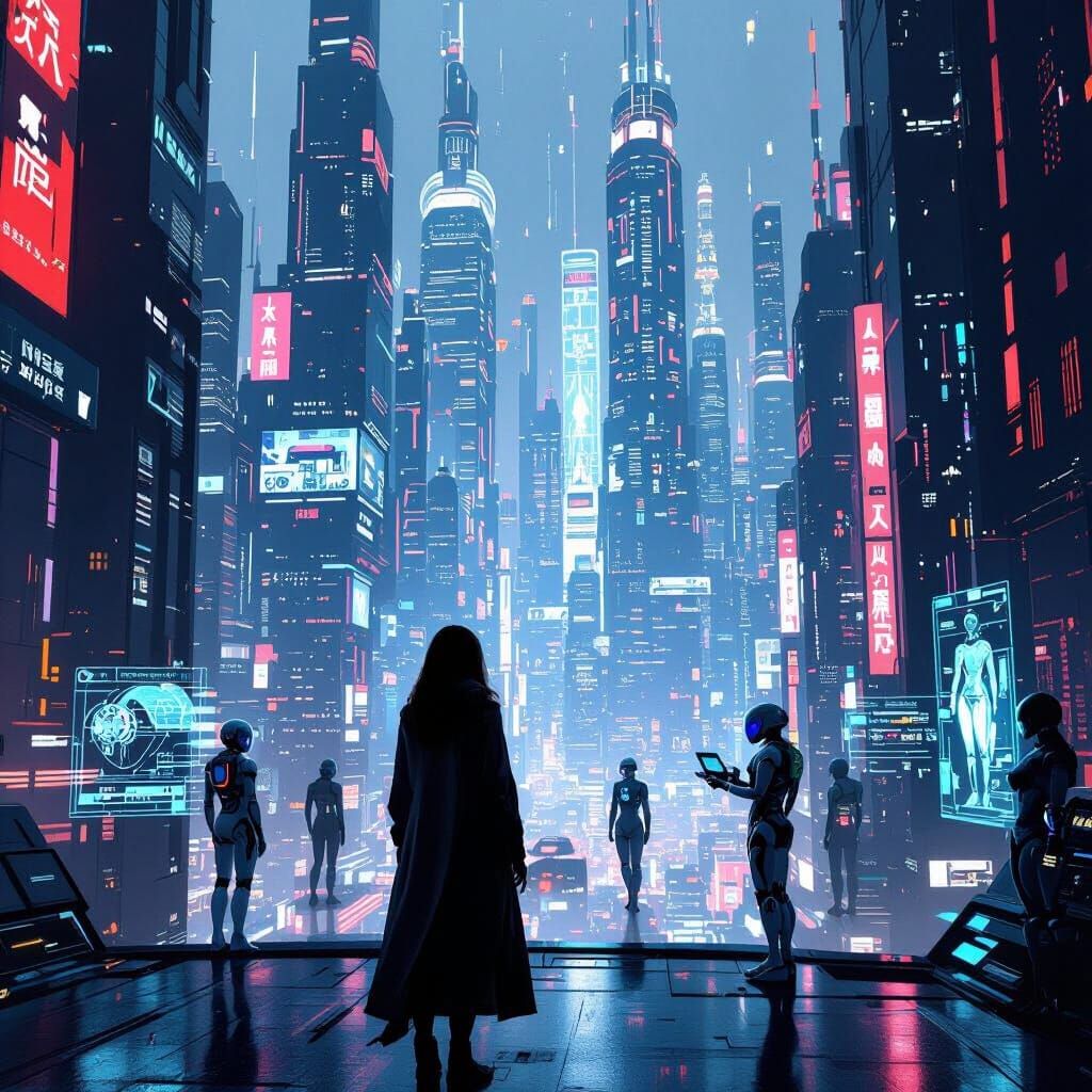 Neon Cityscape: Woman and Androids in Cyberpunk Style