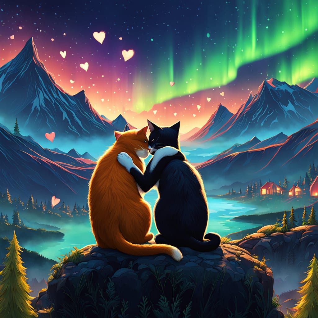 Tender Moment Between Two Orange Cats Amidst a Fantastical L...