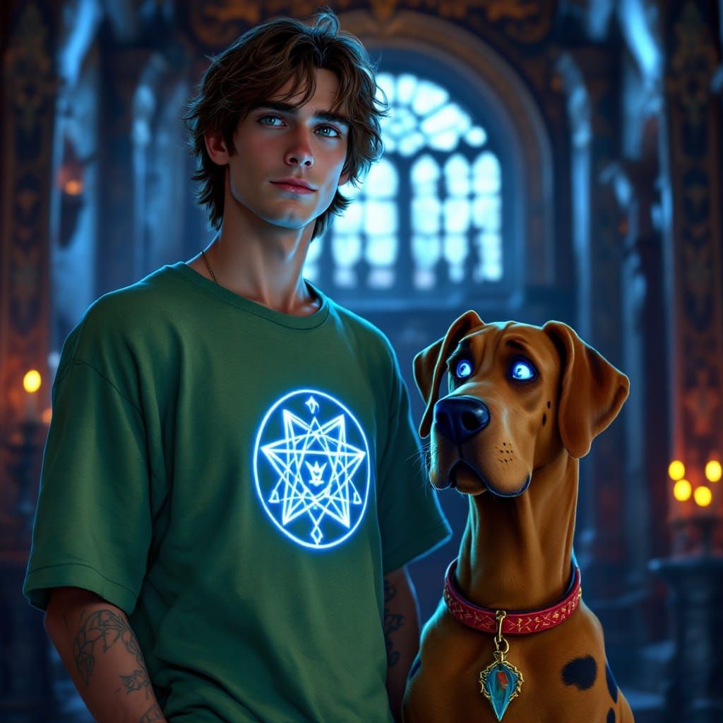 Handsome Male Shaggy Poses Casually with Scooby in a Haunted...
