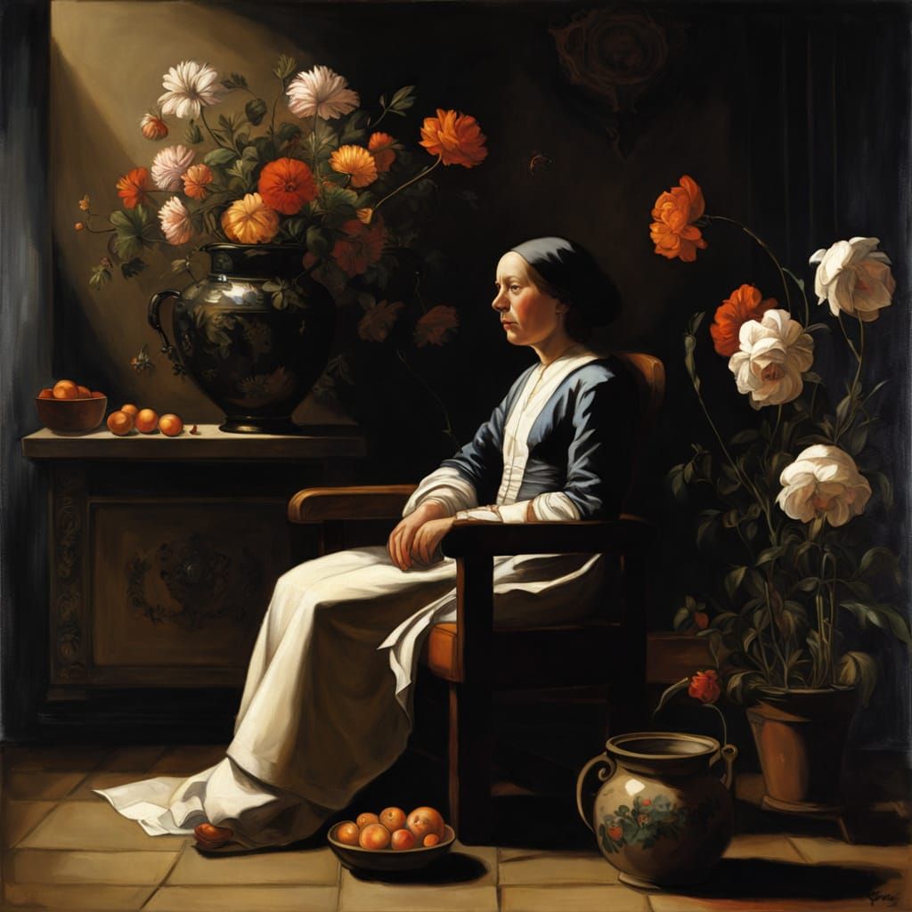 Still Life in a Garden with a Rocket in the Background, in t...