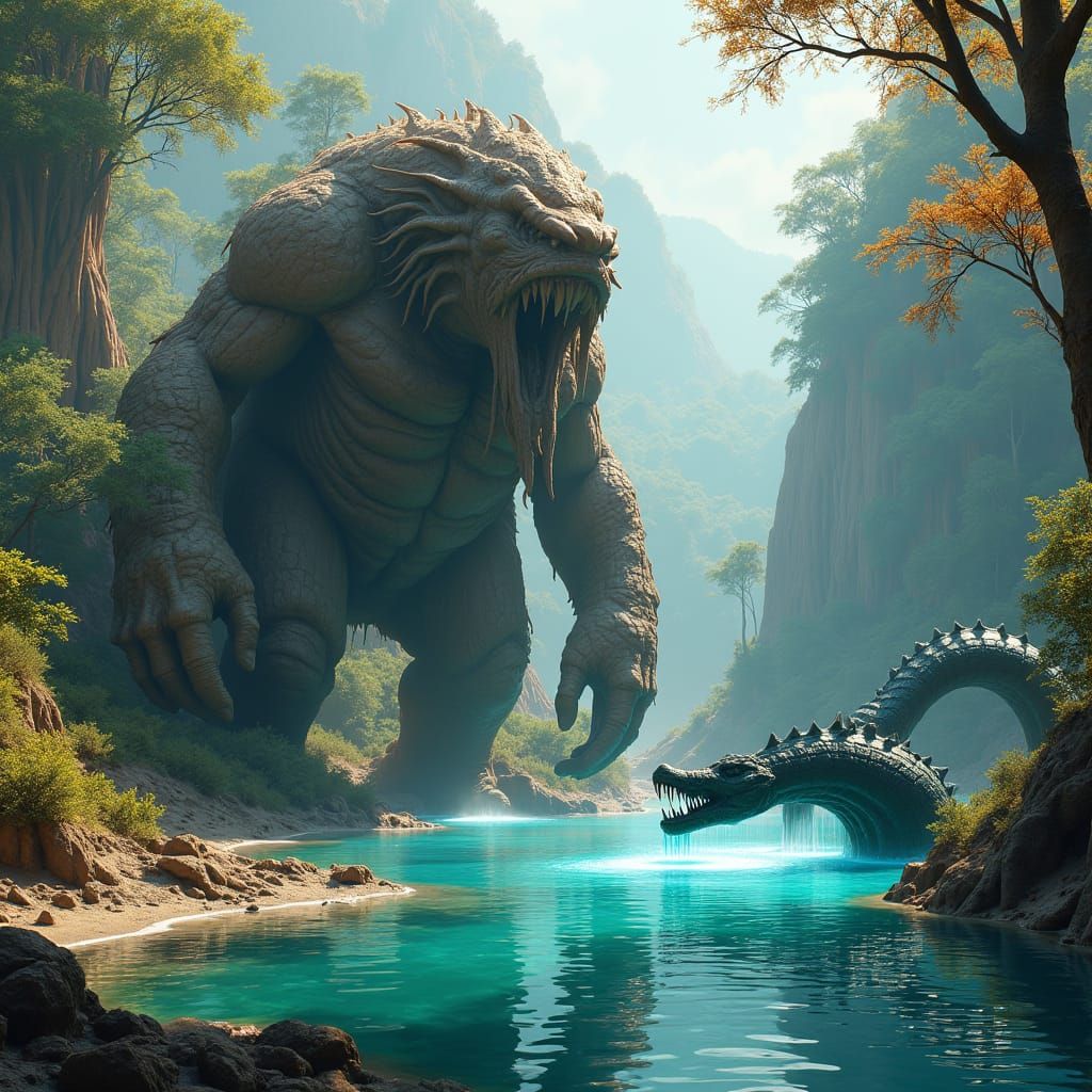 Majestic Mud Golem and Bioluminescent Water Serpent