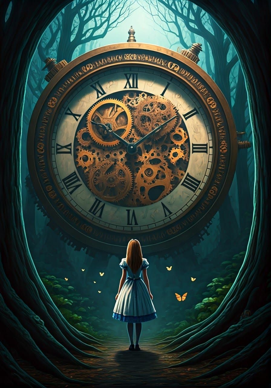 Alice in Wonderland Steampunk Clock in Misty Forest